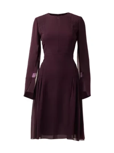 Shop Akris Slit-sleeve Smocked Silk Sheath Dress In Plum