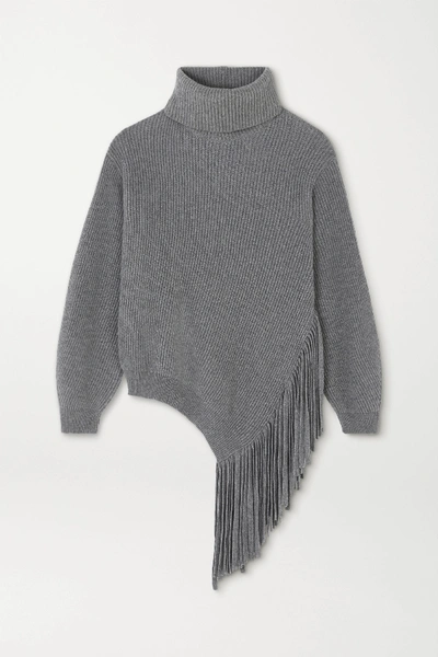 Shop Stella Mccartney Oversized Fringed Ribbed Cashmere And Wool-blend Sweater In Gray