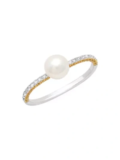 Shop Samira 13 18k White Gold, 11.5mm Pearl, Diamond & Yellow Sapphire Double-finger Ring