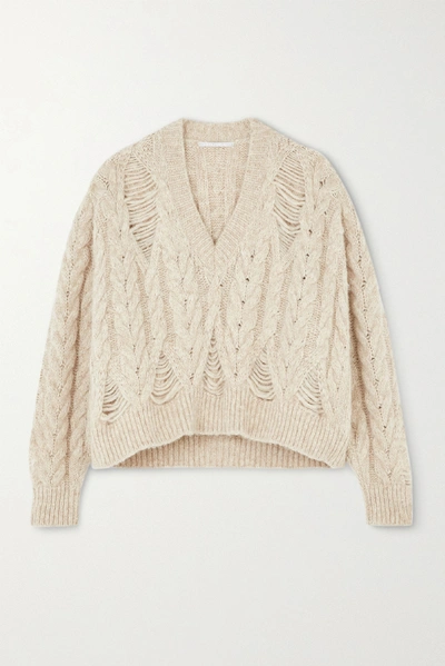 Shop Stella Mccartney Distressed Cable-knit Alpaca-blend Sweater In Beige