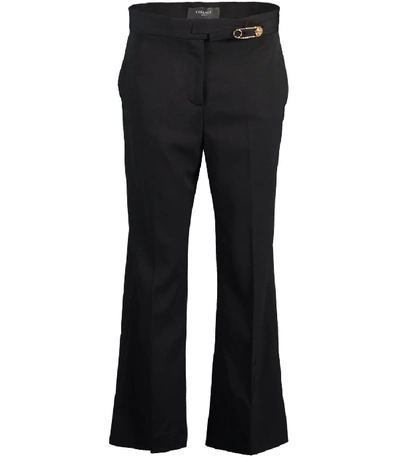Shop Versace Black Wool Gold Pin Cropped Flared Trouser