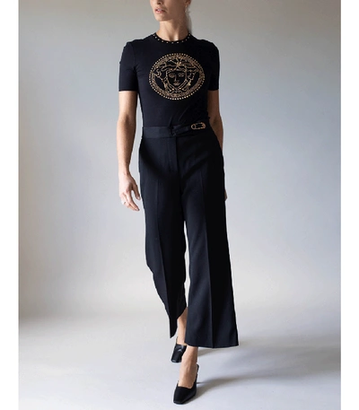 Shop Versace Black Wool Gold Pin Cropped Flared Trouser