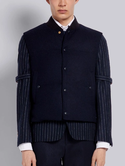 Shop Thom Browne Navy Down Filled Shetland Wool Snap Front Vest In Blue