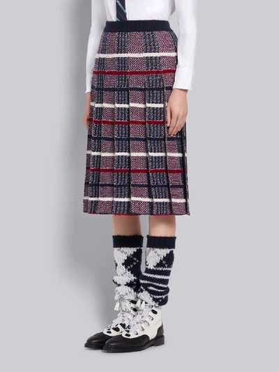 Shop Thom Browne Tricolor Shetland Merino Wool Check Jacquard Inlay Pleated Skirt In Blue