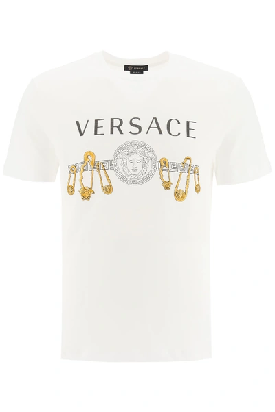 Shop Versace T-shirt With Safety Pin Embroidery In Bianco Oro (white)