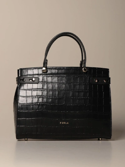 Shop Furla Bag In Crocodile Print Leather In Black