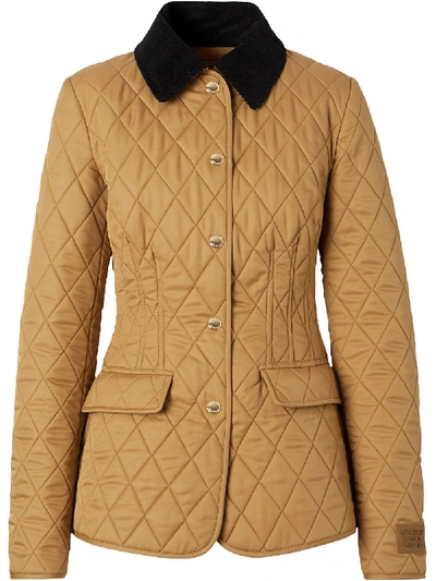 Shop Burberry Corduroy Collar Diamond Quilted Barn Jacket In Brown