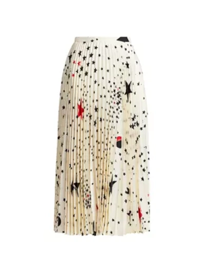 Shop Valentino Cosmo Pleated Silk Midi Skirt In Ivory Multi