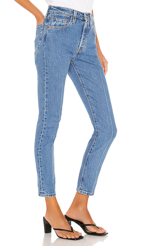 levi's 501 crop jeans with frayed hem in midwash blue