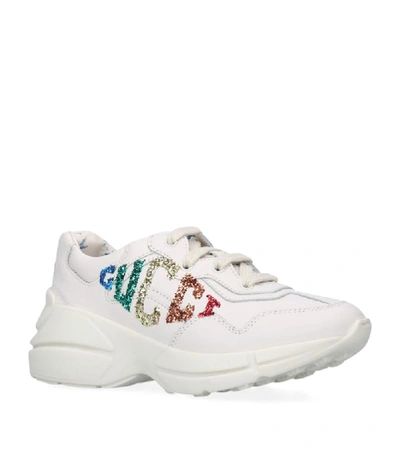Shop Gucci Kids Leather Glitter Rhyton Sneakers In White