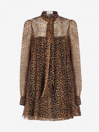 Shop Saint Laurent Pussy-bow Neck Leopard Print Silk Mini Dress