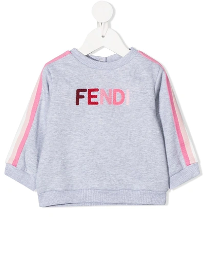Fendi Grey Sweatshirt For Babygirl With Multicolor Logo In Grey