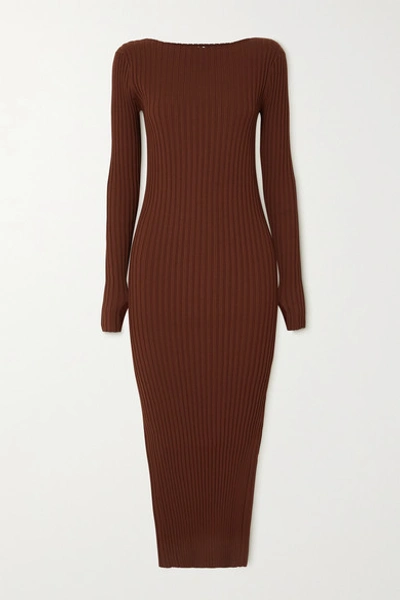 Shop Totême Orville Ribbed-knit Midi Dress In Brown