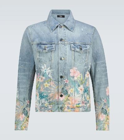 Shop Amiri Floral Leaf Printed Denim Jacket In Blue