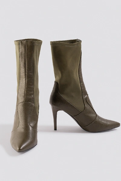 Shop Na-kd Pointy Pu Mix Boots - Green In Khaki