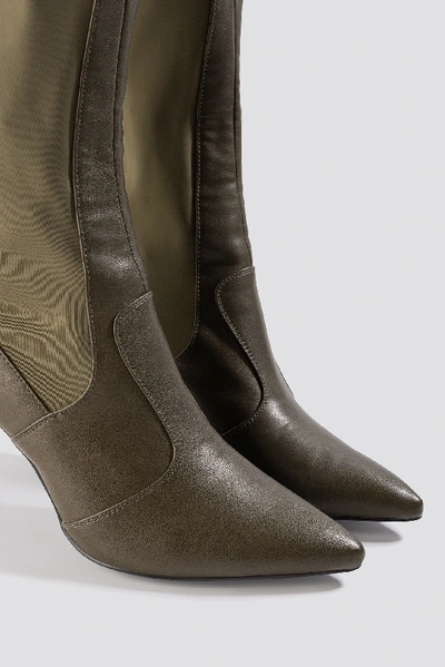 Shop Na-kd Pointy Pu Mix Boots - Green In Khaki