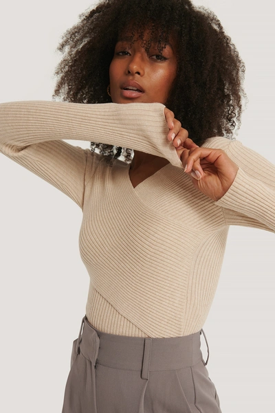 Shop Na-kd Cropped Overlap Knitted Sweater - Beige