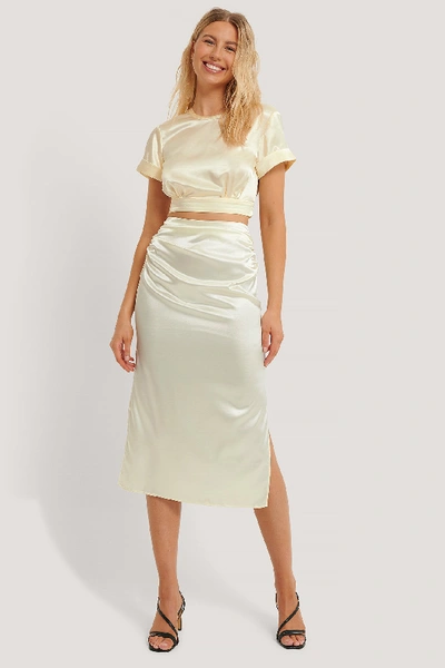 Shop Danaë X Na-kd Side Slit Satin Skirt - Offwhite In Light Beige