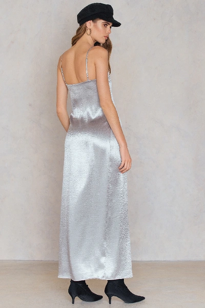 Shop Rebecca Stella Satin High Slit Long Dress Silver
