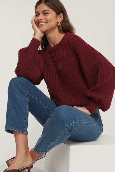 Shop Na-kd Reborn Balloon Sleeve Round Neck Sweater Red In Burgundy