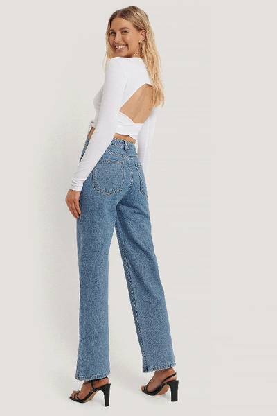 Shop Danaë X Na-kd Straight Leg Front Slit Jeans Blue In Denim Blue