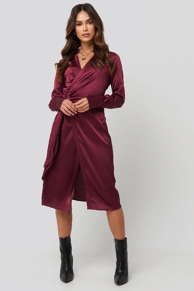 Shop Na-kd Side Tie Satin Midi Dress - Red In Burgundy