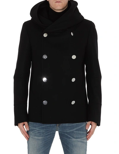 Shop Balmain Button Detailed Peacoat In Black