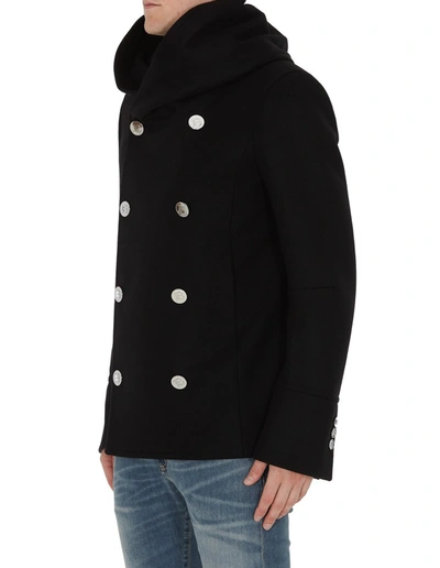 Shop Balmain Button Detailed Peacoat In Black