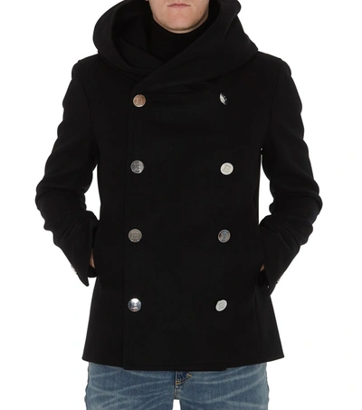 Shop Balmain Button Detailed Peacoat In Black