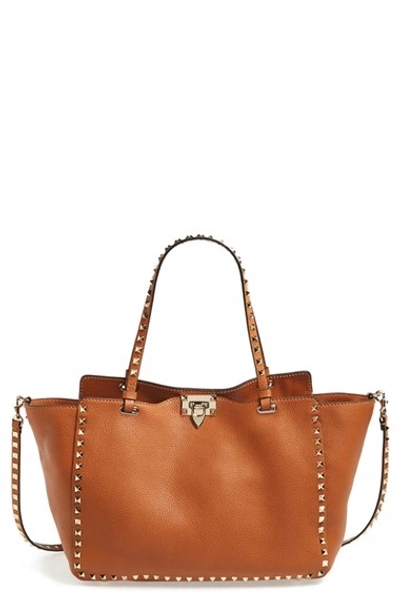 Shop Valentino 'medium Rockstud' Double Handle Leather Tote In Light Cuir