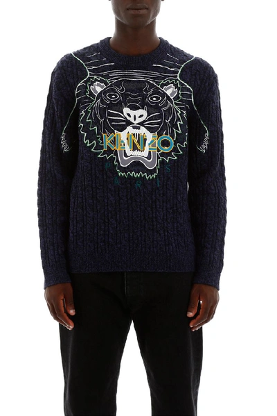 Shop Kenzo Tiger Cable Knit Sweater In Blue