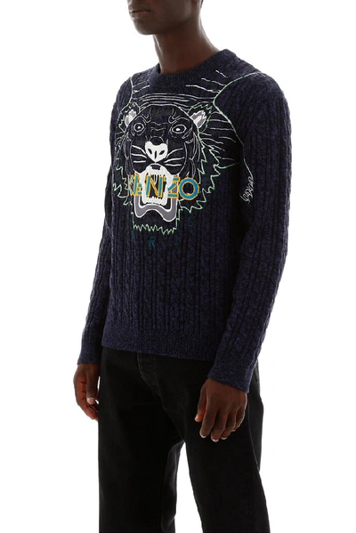 Shop Kenzo Tiger Cable Knit Sweater In Blue