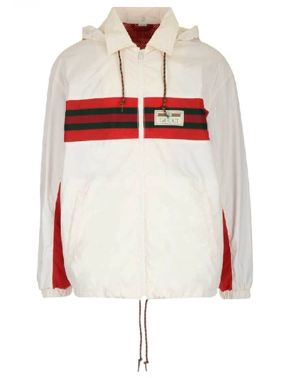 Shop Gucci Logo Striped Hooded Jacket In White
