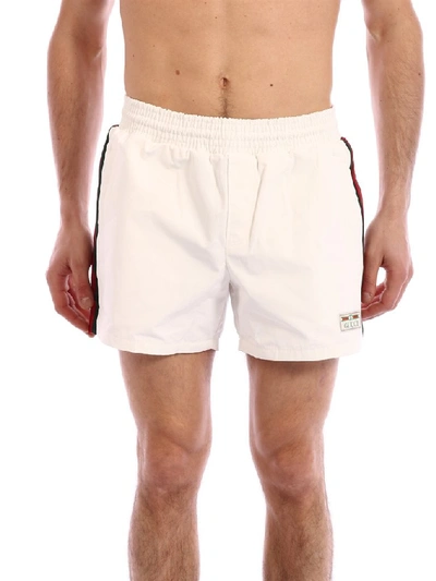 Shop Gucci Side Stripe Swim Trunks In White