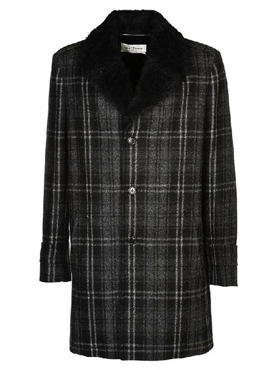 Shop Saint Laurent Checked Fur Detail Coat In Black