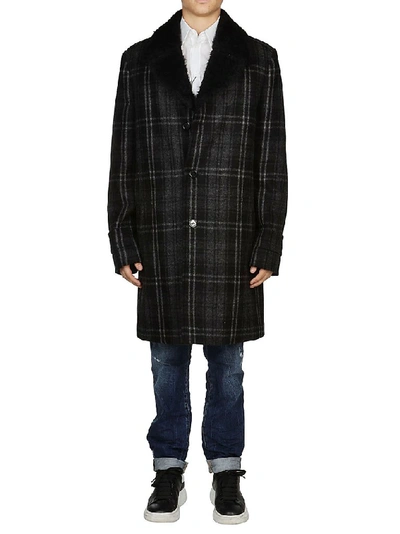 Shop Saint Laurent Checked Fur Detail Coat In Black