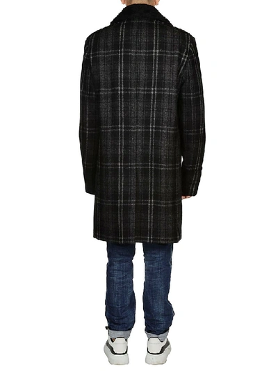 Shop Saint Laurent Checked Fur Detail Coat In Black