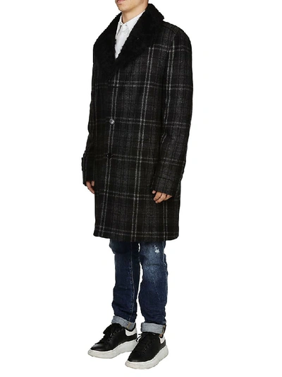 Shop Saint Laurent Checked Fur Detail Coat In Black