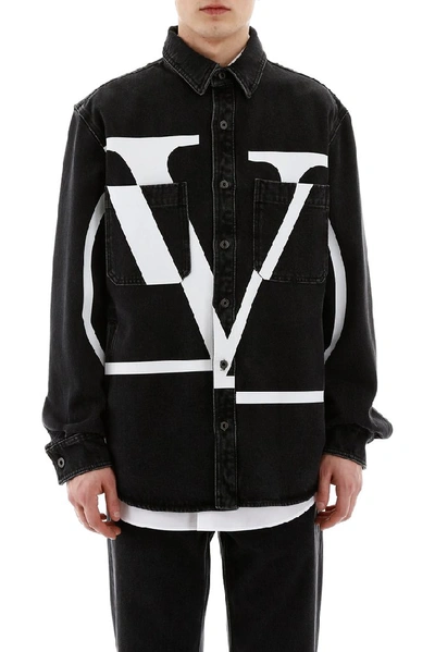 Shop Valentino Logo Denim Jacket In Black