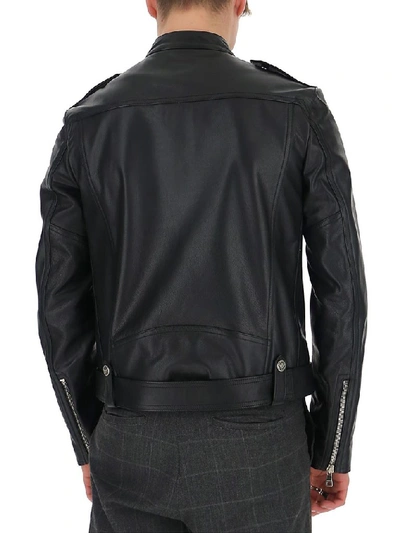 Shop Balmain Button Embellished Biker Jacket In Black