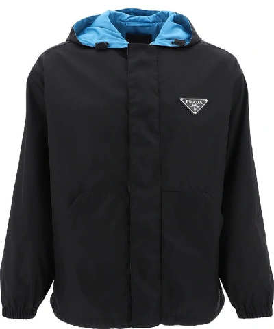 Shop Prada Logo Hooded Windbreaker In Black