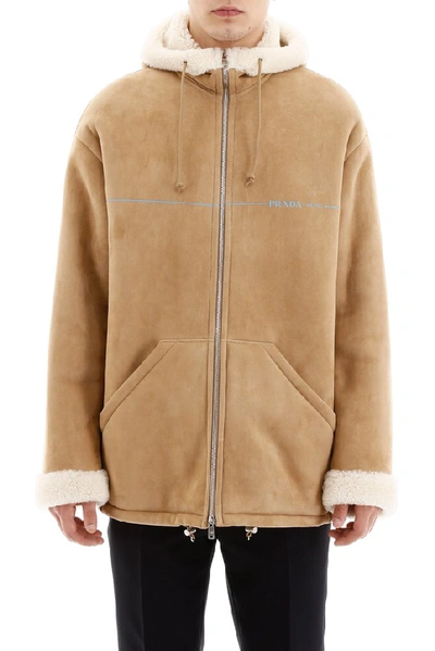 Shop Prada Zip Up Leather Jacket In Beige