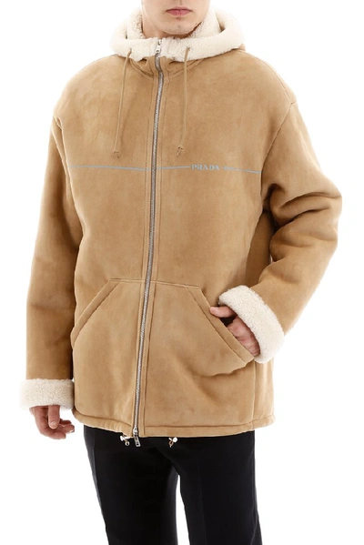 Shop Prada Zip Up Leather Jacket In Beige