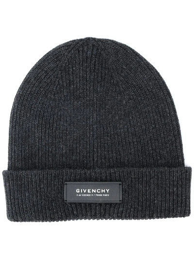 Shop Givenchy Ribbed Logo Patch Beanie In Grau