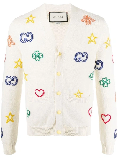 Shop Gucci Symbols Intarsia-knit Cardigan In White