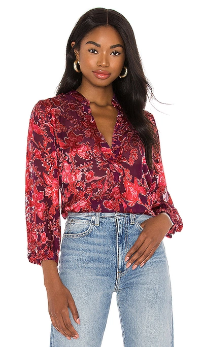 Shop Alice And Olivia Sheila Blouson Sleeve Henley Top In Allure Floral Boysenberry