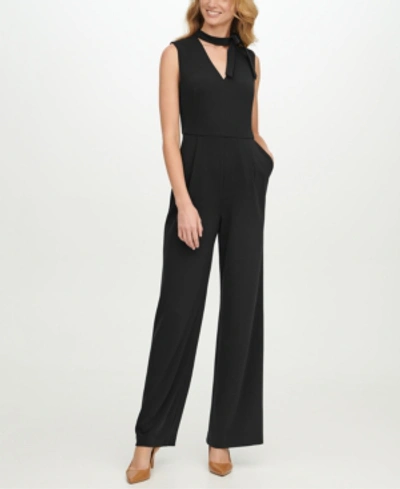 Shop Calvin Klein Tie-neck Wide-leg Jumpsuit In Black