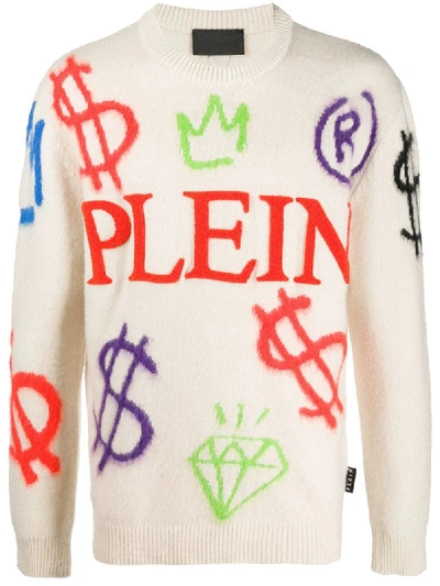 Shop Philipp Plein Graffiti Crew Neck Jumper In Neutrals