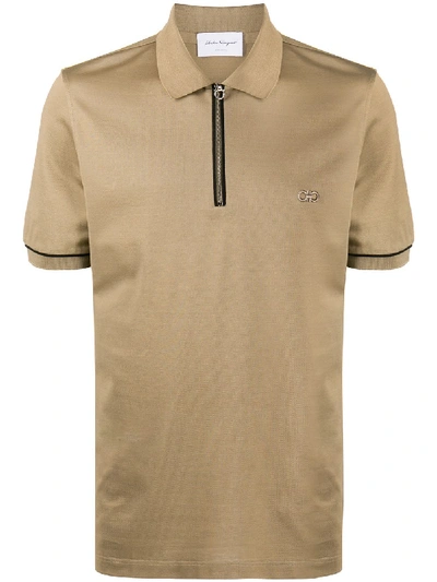 Shop Ferragamo Embroidered-logo Zip-front Polo In Green