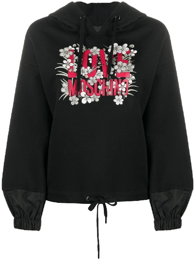 Shop Love Moschino Logo Print Drawstring Hoodie In Black